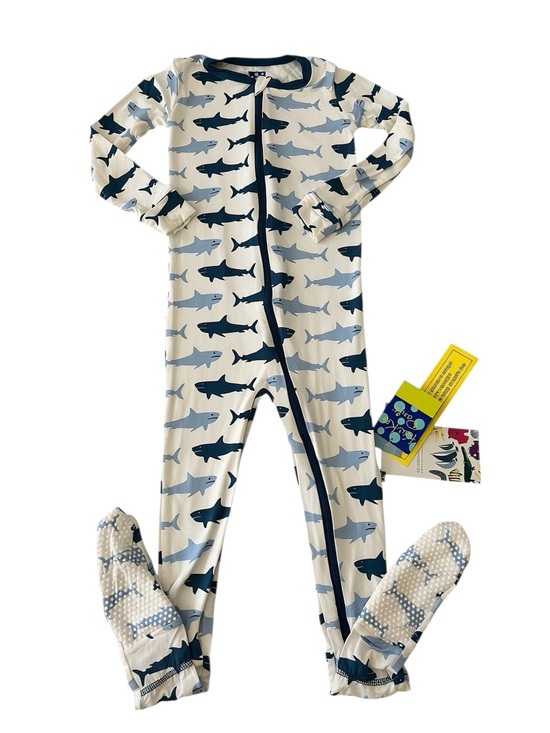 Kickee Pants Other - NWT Kickee Pants White Blue Shark Print Bamboo Footed Pajama